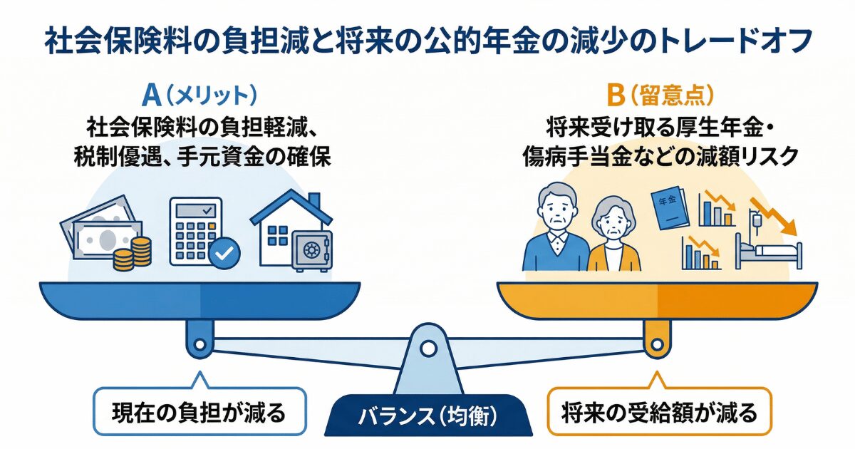 社会保険料削減と将来年金のトレードオフの図